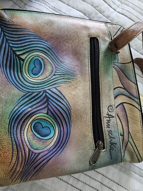 Anuschka Hand-Painted Peacock Feather Leather Crossbody in Teal, Blue, Purple